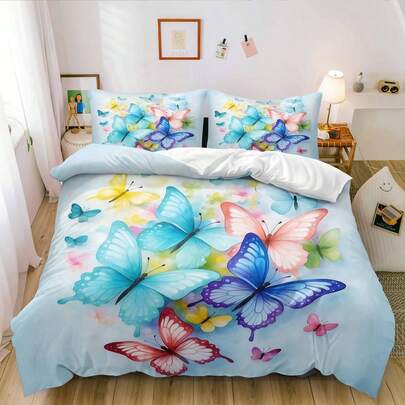 Conjunto de capa de edredom com estampa 3D de borboletas multicoloridas em azul-celeste, conjunto de capa de edredom com tema de jardim fresco, conjunto de cama de microfibra para decoração de primavera e espaços relaxantes (tamanho 135 x 200, apenas 1 fronha)