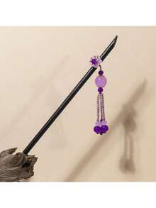 1 件装木制发簪配紫色珠子吊坠，紫色花朵装饰黑木流苏发簪中式汉服发饰，复古长发簪女式