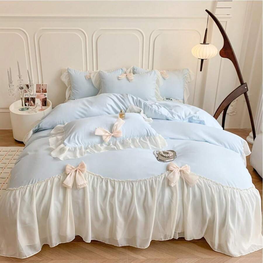 Aesthetic Girls Twin Comforter Cover Set, Romantic French Princess Style Ruffled Duvet Cover With Lovely Bow And Zipper Closure - Pink, Twin Size - 藍色 - 查看 1
