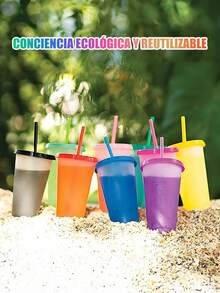 Vasos magicos cambian de color con tapa popote 710 ml paquete 20 piezas vaso reutilizable con tapa y popote efecto termico cambia color ideal para fiestas regalos infantiles eventos promocionales - Multicolor - Ver 2