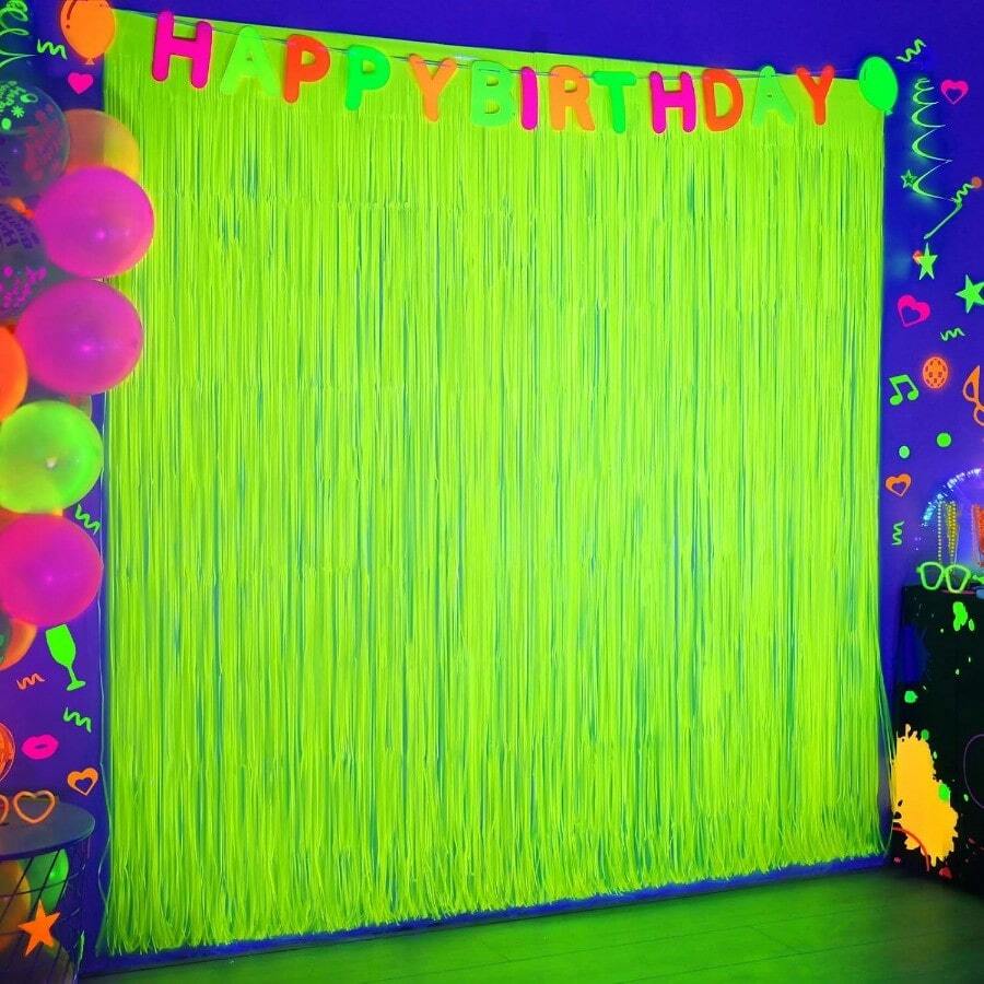 MegaL Glow In The Dark Party Supplies 2 Pack Neon Party Decorations 6.6 X 6.6 Ft Fluorescent Macaron Yellow Tinsel Foil Fringe Curtains Photo Booth Prop Backdrop Streamer Birthday Party Decor# DOUYYY