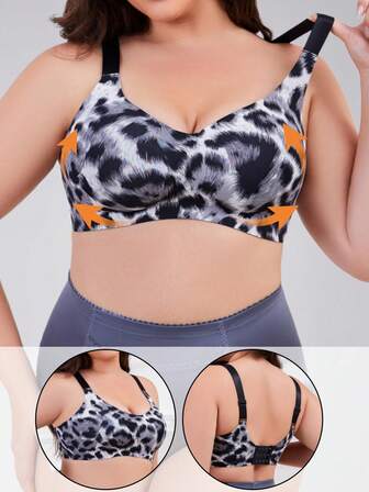 1 adet Büyük Beden Kadınlar İçin Rahat Moda Leopar Desenli Kablosuz Spor Sütyeni, Yumuşak ve Rahat, Ayarlanabilir 3 Sıralı Arka Kancalar, Günlük Giyim ve Yoga İçin Uygun