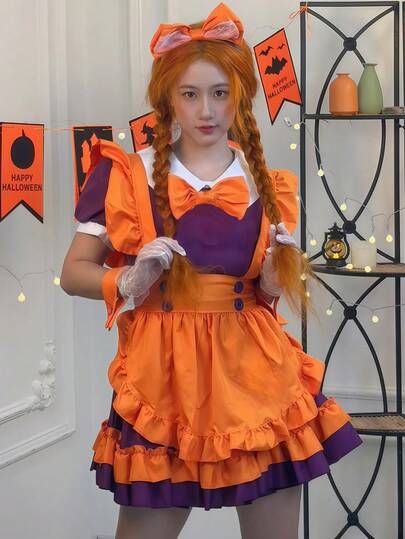 1pc Sweet & Lively Cute Anime Character Halloween Pumpkin Color Lace Trim Puff Sleeve Lolita Maid Dress + Bowknot + Yellow Apron, Cosplay Costume Suitable For Halloween Party, Photoshoot, Casual Wear