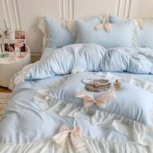 Aesthetic Girls Twin Comforter Cover Set, Romantic French Princess Style Ruffled Duvet Cover With Lovely Bow And Zipper Closure - Pink, Twin Size - 藍色 - 查看 7