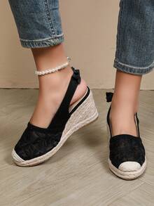 Giày đế xuồng nữ thoáng khí, có nơ, chất liệu lưới co giãn, dây rơm, kiểu dáng thường ngày. - màu đen - Xem 4