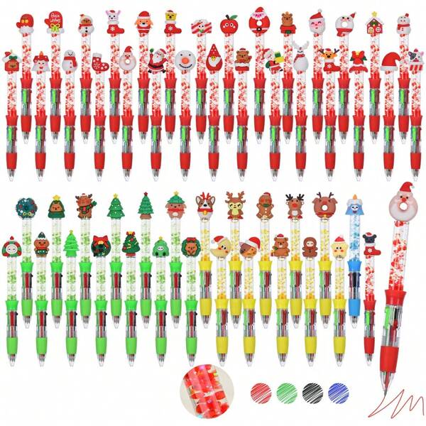 10pcs Random Christmas Cute Cartoon Liquid Quicksand 4-Color Mini Ballpoint Pens, Student Stationery Gifts & Prizes