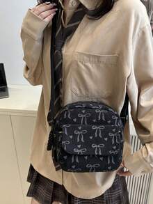 多口袋迷你灯芯绒便携式通勤拉链时尚休闲百搭单肩包/斜挎包，适合女性日常使用 - 黑色 - 查看 4
