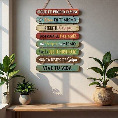 1 Stück dekorativer Hängeschmuck, Wandschild mit einem Zitat (auf Spanisch), motivierende Lebenseinstellung für Schüler und Jugendliche, einem Holzbrett ähnelndes Bild, ideal als Geschenk. Schule & Zuhause, klassisches wandmontiertes Design, Wanddekoration, inspirierende Wohndekoration, Vintage-Charme-Dekoration, handgefertigt, Familiengeschenk | Motivierende Dekoration | Oberfläche aus Naturholz, Wanddekoration