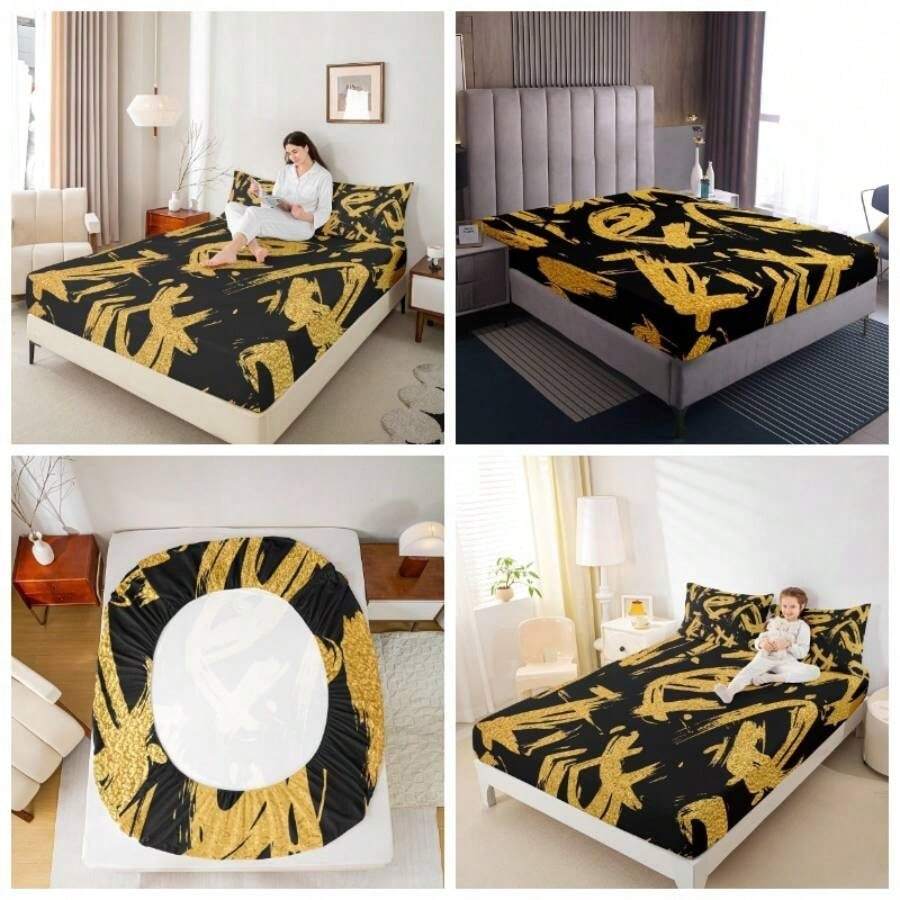 City Graffiti - Sbana bajera ajustable para nios, tamao individual, para amantes del hip hop, ropa de cama moderna de geometra de la calle, juego de cama blanco y azul, 1 funda de almohada no - Negro Amarillo + TWIN (W39*L75*H16") - Ver 1