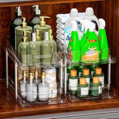 2 Pack Bathroom Under Sink Organizer,14.8″ Deep Undersink Organizers With Dividers,Large-Capacity Under Under Sink Storage Organizer,Clear 2 Tier Pull-Out Organizers And Cabinet Storage Organization,23195865