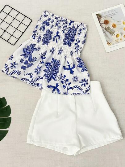Conjunto feminino de duas peças, blusa estampada sem alças e shorts lisos, roupa casual de verão