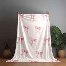 1pc Cozy Bowknot Print Flannel Blanket - Soft, Vintage-Inspired Design With Pink Bows On White, All-Season Comfort For Home, Office, Camping & Travel, Machine Washable, Perfect For Halloween & Christmas Decor, Travel Accessory |   Playful Pattern |   Soft Texture, Blanket For Bed - 多色18 - 查看 9