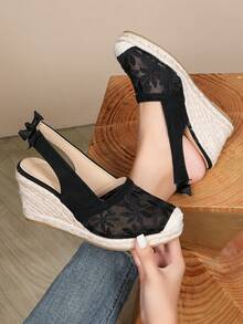 Giày đế xuồng nữ thoáng khí, có nơ, chất liệu lưới co giãn, dây rơm, kiểu dáng thường ngày. - màu đen - Xem 6