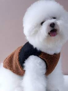Pet Cat Dog Clothes Autumn Winter Outfit, Patchwork Fleece Sleeveless Vest Jacket For Teddy, Schnauzer, Poodle - Brown - View 5