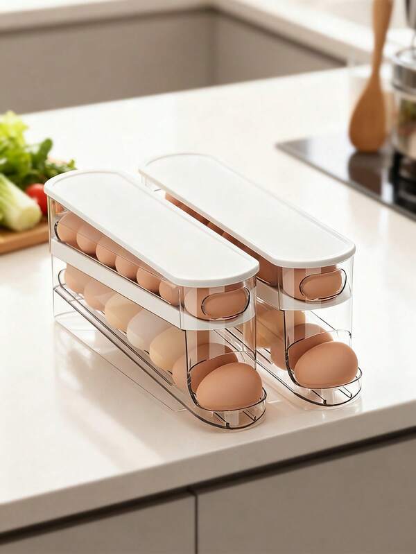 1/2 - Refrigerator Side Door Retractable Egg Storage Box - Durable Plastic, Built-In Battery, Kitchen Accessories, Refrigerator Egg Rack, Refrigerator Side Door Retractable Egg Storage Box, Egg White Separator