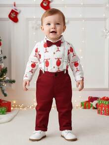 BOARNSEORL Baby Boys Gentleman Outfit, Christmas Deer Pattern Shirt With Bowknot And Red Suspender Pants, Fashionable For Birthday Party, Wedding, Christmas - Red - View 1