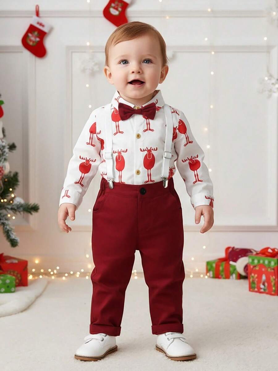 BOARNSEORL Baby Boys Gentleman Outfit, Christmas Deer Pattern Shirt With Bowknot And Red Suspender Pants, Fashionable For Birthday Party, Wedding, Christmas - Red - View 1