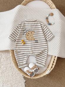 Newborn Baby Girl Cartoon 3D Embroidered Long Sleeve Jumpsuit, Spring/Autumn - Apricot - View 1