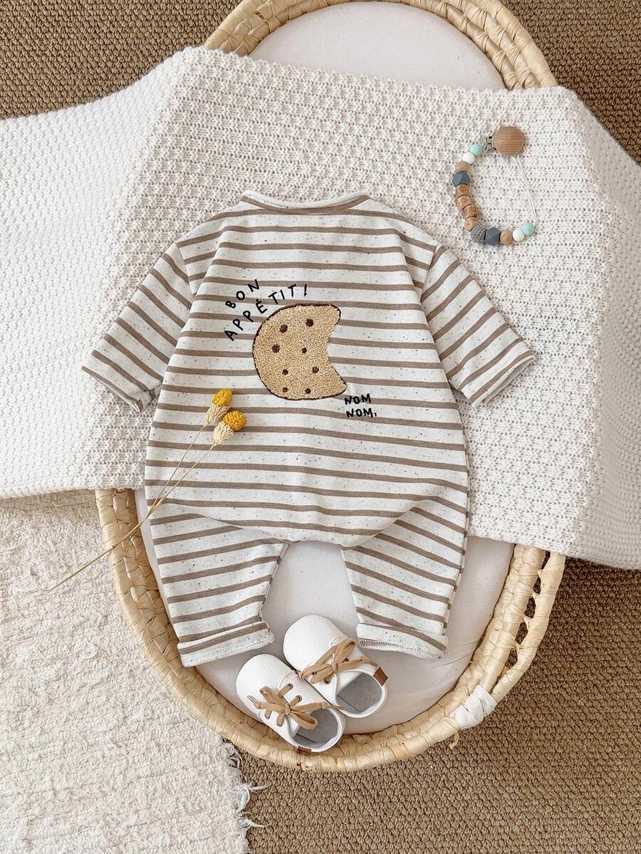 Newborn Baby Girl Cartoon 3D Embroidered Long Sleeve Jumpsuit, Spring/Autumn - Apricot - View 1
