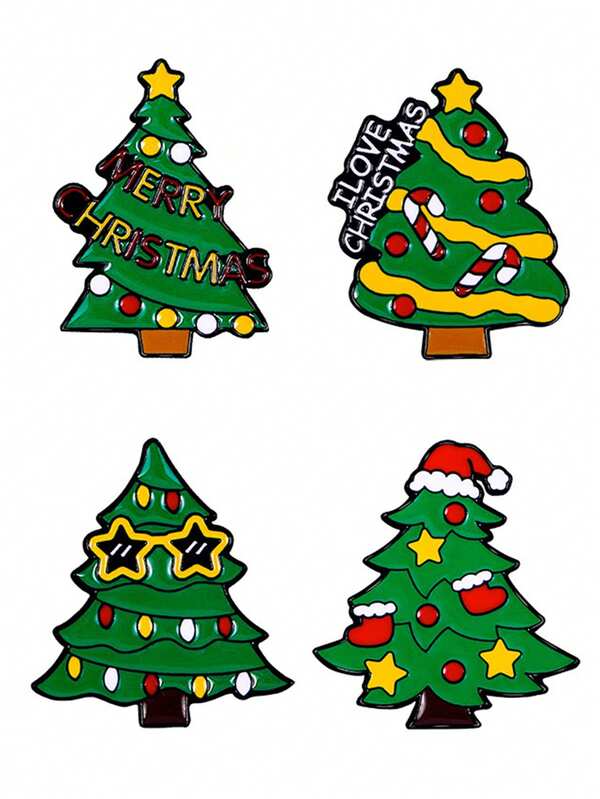 4 قطع دبابيس إينامل جميلة للكريسماس - دبوس شارة شجرة الكرتونية، شارة مضادة للملابس لديكور ملابس العطلات
