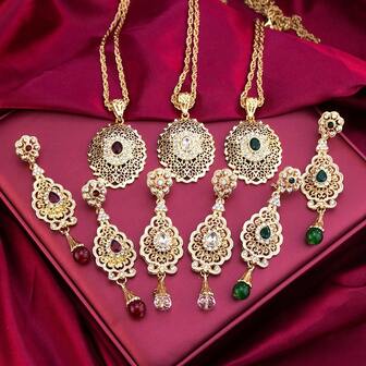 3 件优雅传统中东阿拉伯女士空心椭圆形吊坠项链、串珠耳环首饰套装、阿尔及利亚摩洛哥婚礼派对节日礼物