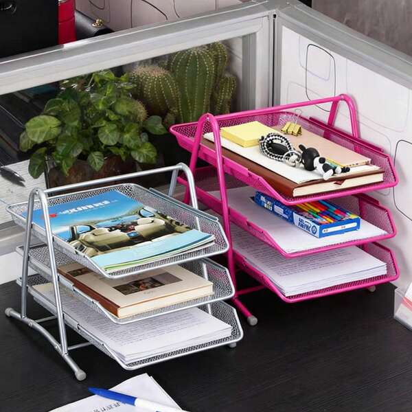 Foldable Three-Layer File Rack, For Storing Office Supplies, Archives, Documents& Books. Easy And Quick Installation, Office Supplies, School Supplies,Office Desk Ornaments,Snack Tray
