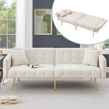 Multifunctional Double Sofa Bed With Sleeping Function, Adjustable Backrest And Multi-Position Armrests. Modern Folding Sofa Bed For The Living Room, Velvet Upholstery. Spacious Sleeping Area. - White - View 7
