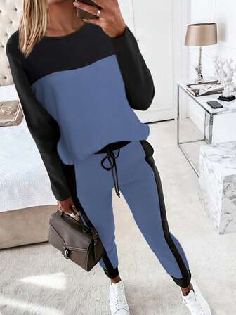 2件套休闲拼布撞色长袖圆领T恤和裤子套装