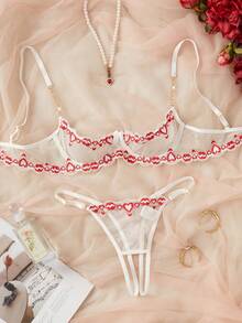 2pcs Women's Sexy Lingerie Set, Heart-Shaped Red Lip Lace Trim With Gold Chain, 1/4 Cup Cutout Design, Suitable For Valentine's Day Date, Bra And Panty Set - Red and White - View 10