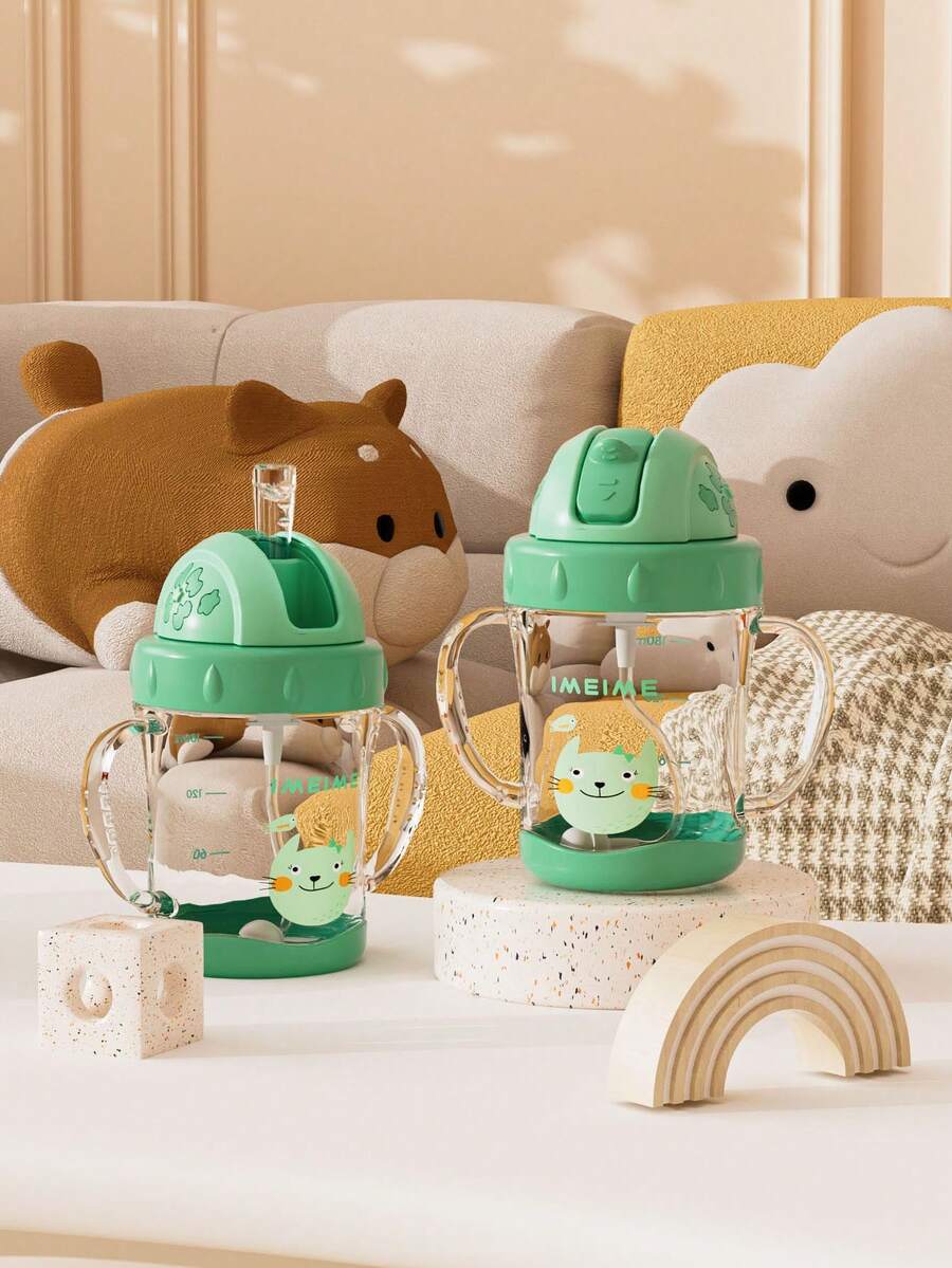 1PC 180ML/220ML/240ML Cartoon Straw Cup For Kids, Cute Baby Sippy Cup, 360° Drinking, Leak-Proof & Durable With Handle And Scale, Suitable For Daily Use - Green - View 1