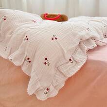 Muslin Duvet Cover With Ruffled Edges, 1 Piece Cotton Comforter Cover 47X59'', Pattern 2-Layer Gauze Bedding, No Quilt Or Pillowcases, Bedroom Essential - 櫻桃 - 查看 10