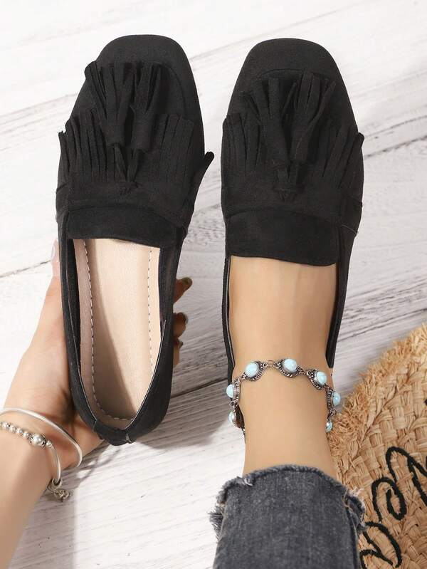 Zapatos planos con flecos y punta cuadrada para mujer, zapatos planos bohemios de moda y casuales con flecos, unisex, adecuados para boda, fiesta, oficina, hogar, exterior, todas las estaciones