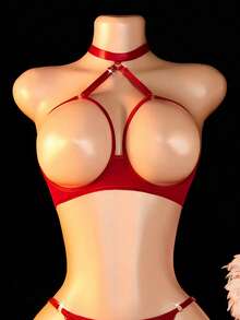 Bộ đồ lót gợi cảm 4 món dành cho nữ, thiết kế hở phía trước với dây đeo có thể điều chỉnh, bao gồm áo ngực gợi cảm, quần lót hở đáy có thể điều chỉnh và dây nịt đùi, thích hợp cho các bữa tiệc. - Màu Đỏ Sâu - Xem 5