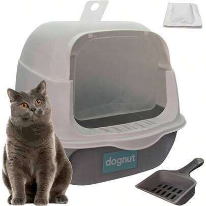 - Arenero para Gato con Pala, Cerrado, con Tapa y Puerta Abatible, Gris y Blanco 50x35x33