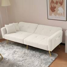 Sofa Bed With Bed Function, Adjustable Angle, Gold Feet, With Cushions And Side Storage Pockets - White - View 7