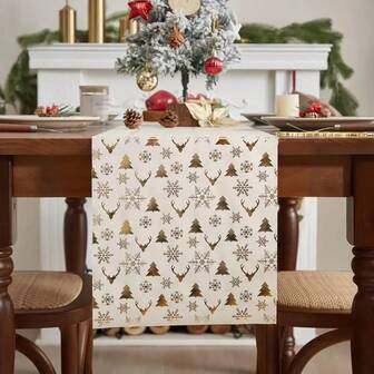 1 Stück Leinen Tischläufer im Weihnachtsdesign mit Weihnachtsbaum und Rentier, verziert mit goldenen Schneeflocken, strapazierfähige Polyester Tischdecke, Weihnachtsdekoration, elegantes Gold ist die Hauptfarbe, geeignet für ländliche Feiertagsdekoration, in verschiedenen Größen erhältlich, passend für Esstische, Küchentreffen