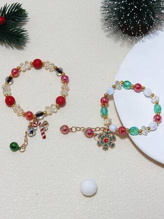 2pcs Girls' Christmas Cute Snowflake, Candy, Bell Charm Beaded Bracelet/Bangle, Colorful, Suitable For Holiday, Birthday, Party, Best Friend Wear
