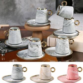 6 件套大理石纹金边陶瓷咖啡杯碟套装，140 毫升/4.73 盎司手绘金边设计，带手柄可重复使用杯子，釉面，非常适合圣诞节和感恩节礼物
