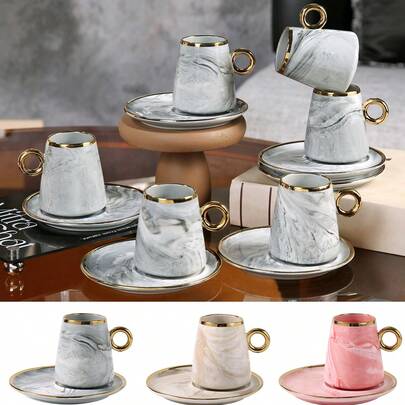 6pcs/Set Marble Pattern Gold Rim Ceramic Coffee Cup And Saucer Set, 140ml/4.73oz Hand-Painted Gold Rim Design, Reusable Cups With Handle, Glazed, Great For Christmas And Thanksgiving Gifts