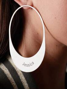 1pc Personalized Customized Name, Laka Luka Design "Oval" Earrings, Hand Stamped Large Oval Hoops, Personalized Earrings, Custom Gold Oval Earring. Statement Earrings. Fashion Accessories Paired With Clothing, Fashionable Stainless Steel Earrings. - Silver - View 6
