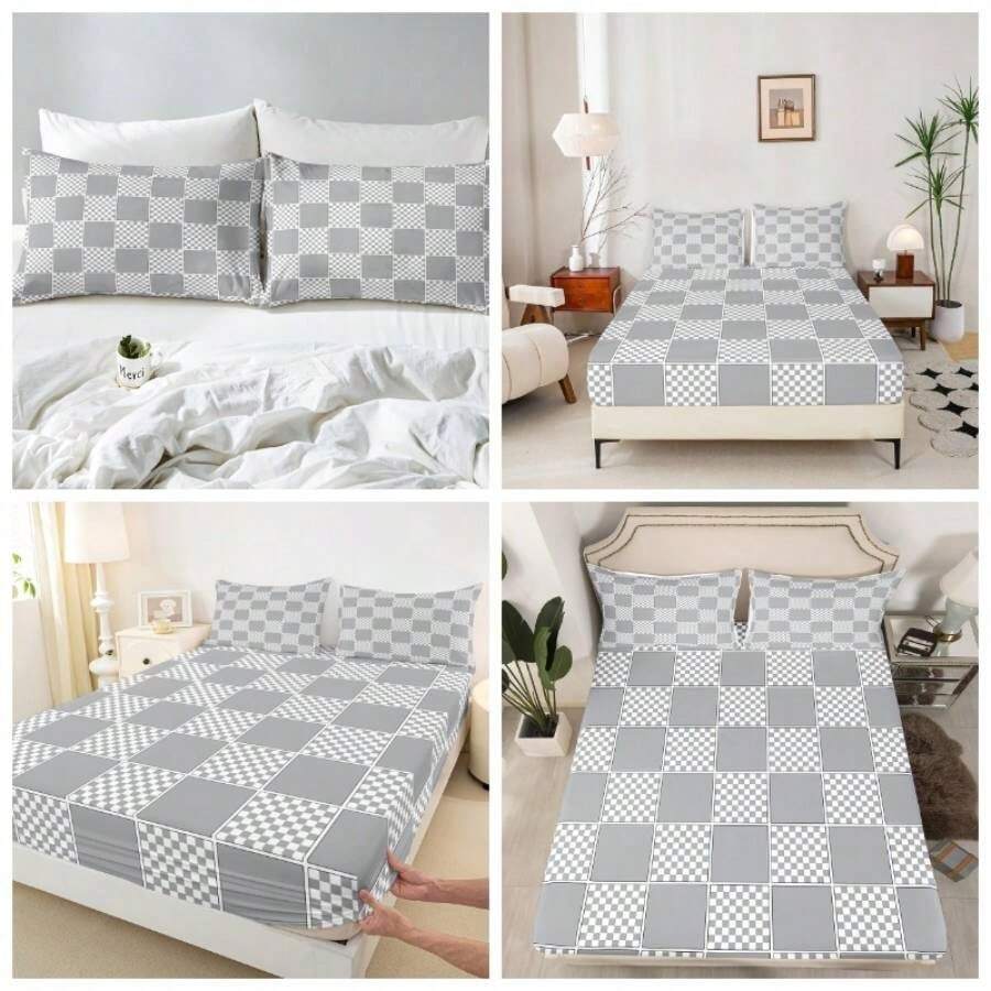 - Juego de ropa de cama de cuadros grises a cuadros para nios, nias, diseo geomtrico moderno de cuadros - Gris - Ver 1