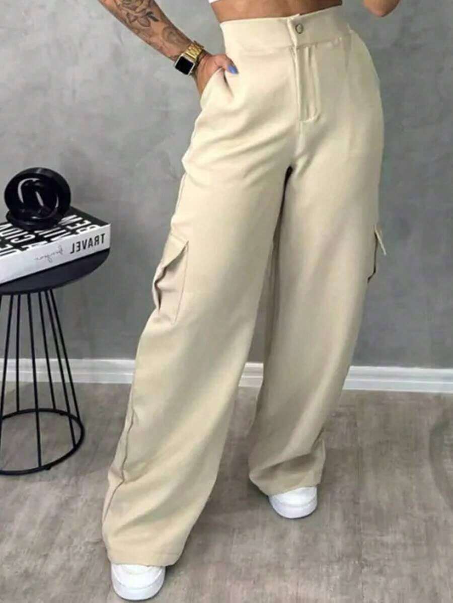 Women's Tailored Cargo Pants With Side Pockets - Màu be - Xem 1