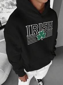 Grand sweat-shirt à capuche pour hommes avec un design en lettres audacieuses du trèfle irlandais - Noir - Voir 12