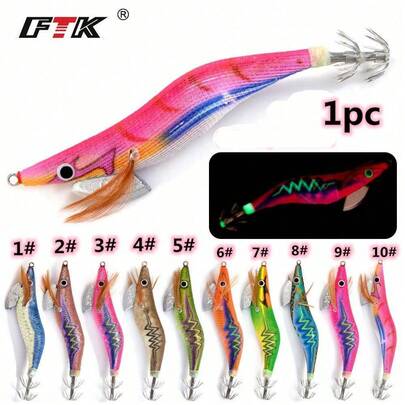  FTK 1pc Glow Squid Jig, Fishing Shrimp Lure Set With Realistic Shrimp Lure Squid Bass Fish Bait With Reinforced Hook