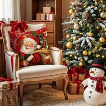 4 Stücke Weihnachts-Kissen-Bezüge mit fröhlichen roten Weihnachtsmann, Geschenk, Schneemann und Weihnachtsbaum Motiven, 45x45cm (17,72x17,72 Zoll), mit Reißverschluss, maschinenwaschbar, geeignet für Heim-Dekoration, Wohnzimmer, Schlafzimmer, Veranda, Garten, Outdoor-Camping, Winterurlaubs-Dekoration (nur Kissenbezüge - Füllung nicht enthalten)