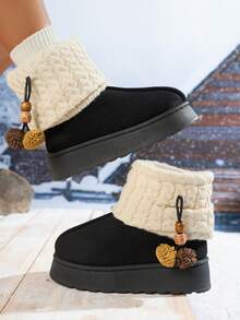 时尚百搭，保暖内衬，可爱又保暖，短绒内衬，厚底舒适，踝靴，短筒显瘦，防滑筒，外穿，针织袜套，雪地靴，适合冬季，毛绒靴 - 黑色 - 查看 2