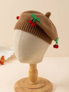 1 pieza Gorro de boina tejido con diseño de cereza lindo para niños, adecuado para usar en otoño/invierno para mantener el calor y para uso diario - A - Ver 25