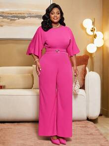 NOU Women's Fashionable Elegant Casual Party Jumpsuit, Women's Long Solid Color Jumpsuit With Waist Decorative Button + Ruffle Hem Design, Loose Straight Leg, Suitable For New Year, Wedding, Holiday, Office, Daily, Party, Graduation, Spring/Autumn, Spring Outfit, Women's Casual Suit, Women's Graceful Matching Set, Women's Resort Wear - Hot Pink - View 5