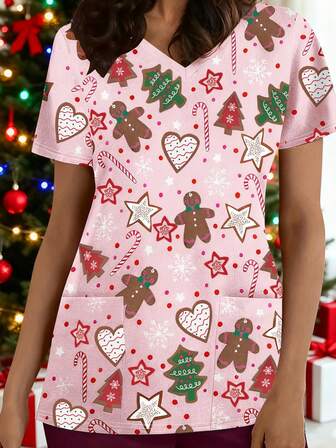 Christmas Dress Christmas Elements Gingerbread Man Candy Printing With Pocket Daily Leisure Daily Joker Daily Commuting Holiday Christmas Printing V-Neck Short-Sleeved Ladies T-Shirt
