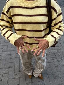 Jersey casual de manga larga, cuello redondo y hombros caídos, corte holgado para mujer HoloChill, nueva llegada 2026, apto para otoño/verano - Amarillo - Ver 4